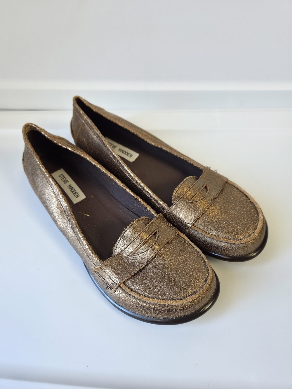 Steve Madden Metallic Bronze "Quota" Genuine Leather Penny Loafers Size 9.5